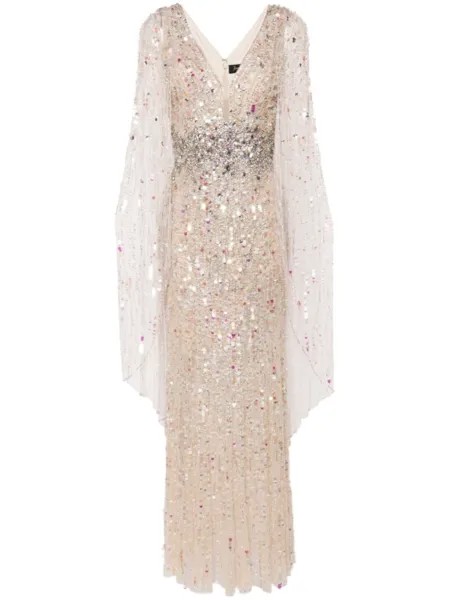 Вечернее платье-кейп Honey Pie с пайетками Jenny Packham, бежевый