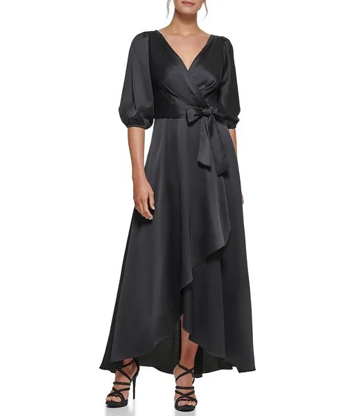 Платье DKNY с объемными рукавами 3/4 и V-образным вырезом с искусственным запахом, черный