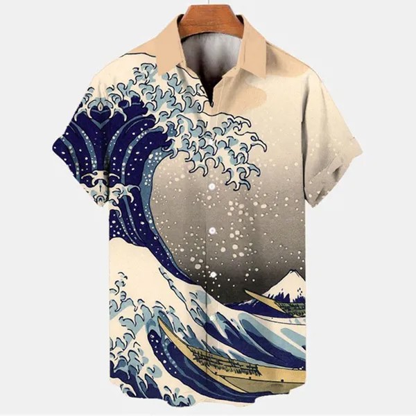 Ретро Океан Волна 3D Печать Мужские Гавайские Рубашки Повседневная Мода Летние Мужские Рубашки Плюс Размер Короткие Рукава Нагрудные Свободные Топы