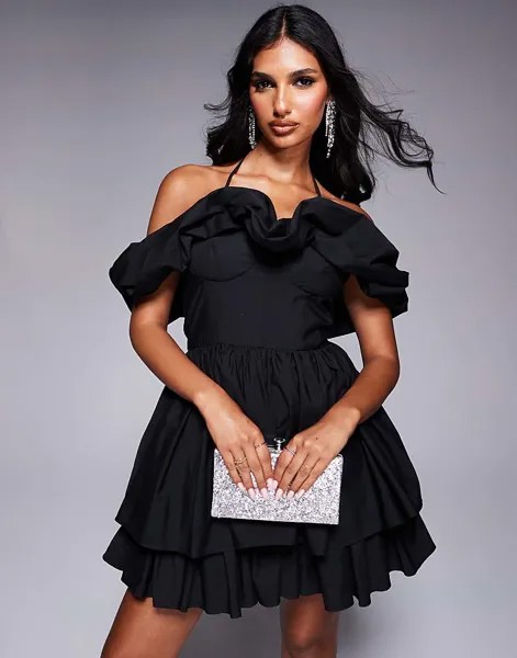 Черное платье мини с принтом-бандо из хлопкового поплина ASOS LUXE