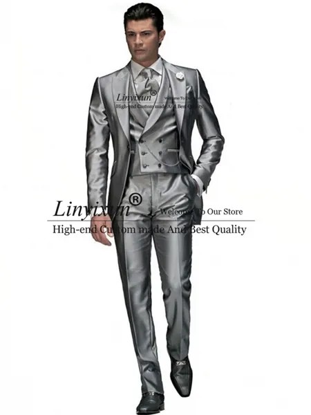 Модный Блестящий серебристый мужской облегающий костюм, 3 предмета, Свадебный блейзер для жениха, деловые костюмы, пиджак и брюки, мужские к...
