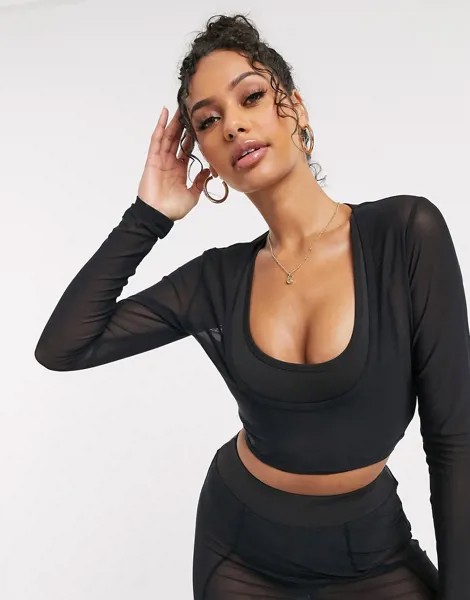 Короткий лонгслив с сетчатым верхним слоем ASOS 4505-Черный цвет