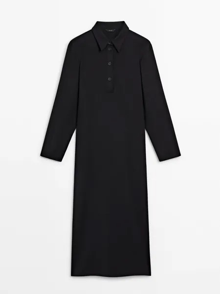 Платье Massimo Dutti Polo Collar Midi With Slit, черный