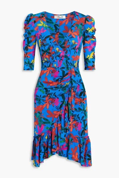 Платье Eldoris из эластичной сетки с принтом и оборками DIANE VON FURSTENBERG, синий