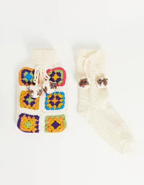 Грелка и носки вязки кроше с помпонами ASOS DESIGN-Разноцветный