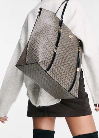 Коричневая сумка-шопер с монограммой на фурнитуре River Island-Коричневый цвет