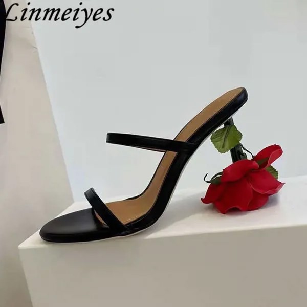 Женские модельные Шлепанцы из натуральной кожи, черные или белые туфли на высоком каблуке с розой, сланцы в странном стиле, лето 2022