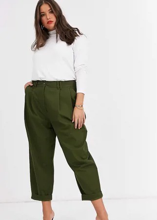Широкие брюки со складками цвета хаки ASOS DESIGN Curve-Зеленый цвет