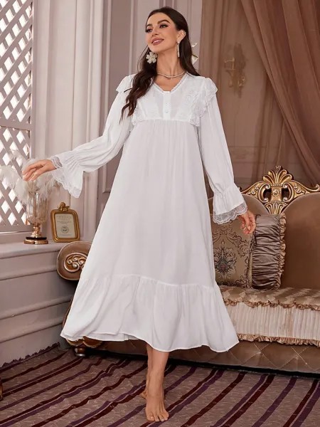 Shein Palace Nights, Длинная ночная рубашка, кружевные рукава с рюшами, вырез на горловине, гофрированные края Shein, белый