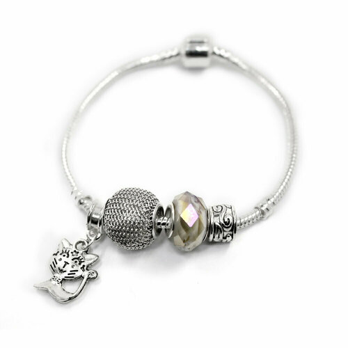 Браслет-цепочка Handinsilver ( Посеребриручку ) Браслет с шармами на основе из бижутерной стали, стекло, муранское стекло, стразы, 1 шт., размер 21 см, серебристый