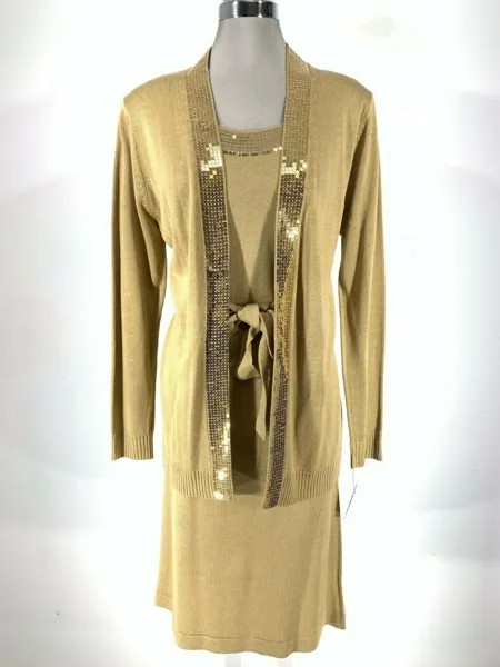 LESLIE FAY NWT Элегантное платье-кардиган с золотыми пайетками, 2 шт., платье-свитер цвета хаки, размер M, L