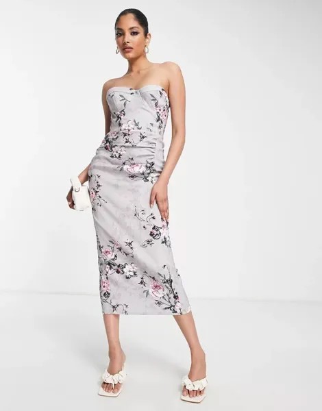 Корсетное платье миди без бретелек True Violet с серебристо-розовым цветочным принтом
