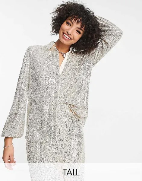 Flounce London Tall – Блузка-рубашка свободного кроя с блестящим металлизированным эффектом серебристого цвета, комбинированная деталь