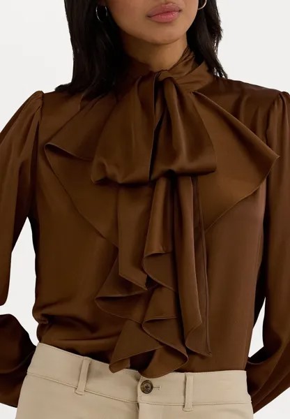 Рубашка-блузка RUFFLE TRIM SATIN TIE NECK BLOUSE Ralph Lauren, коньяк