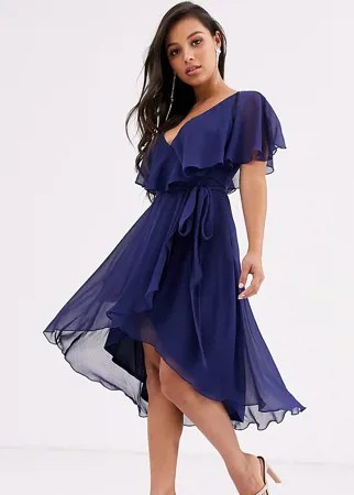Платье миди с кейпом на спине и удлиненным краем ASOS DESIGN Petite-Синий
