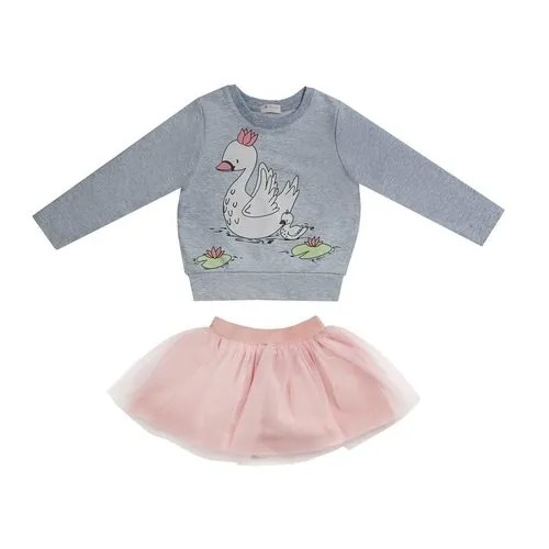 Комплект для девочки Diva Kids: джемпер и юбка, 128 размер, серый меланж, розовый с фатином