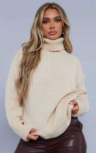 PrettyLittleThing Удлиненный джемпер массивной вязки Stone с напуском и воротником-стойкой