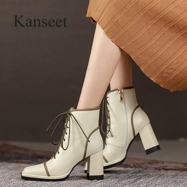 Женские ботильоны Kanseet, Осень-зима 2022, короткие ботинки из натуральной кожи с квадратным носком, обувь на высоком каблуке 8,5 см, абрикосового ...