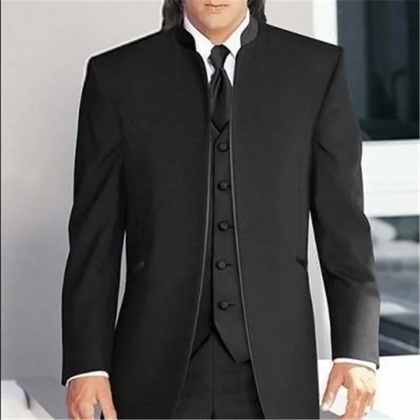 Новинка 2023, черные мужские свадебные костюмы с воротником-стойкой, 3 предмета (пиджак + брюки + жилет + галстук), смокинги для жениха на заказ, Лучший человек