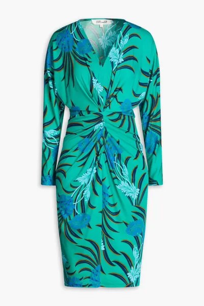 Платье из лиоцелла и смесовой шерсти со сборками и цветочным принтом Diane Von Furstenberg, зеленый