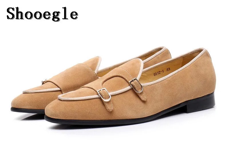 Туфли SHOOEGLE мужские классические, винтажные повседневные лоферы, двойной ремень, замша, для свадьбы, вечеринки, коричневые