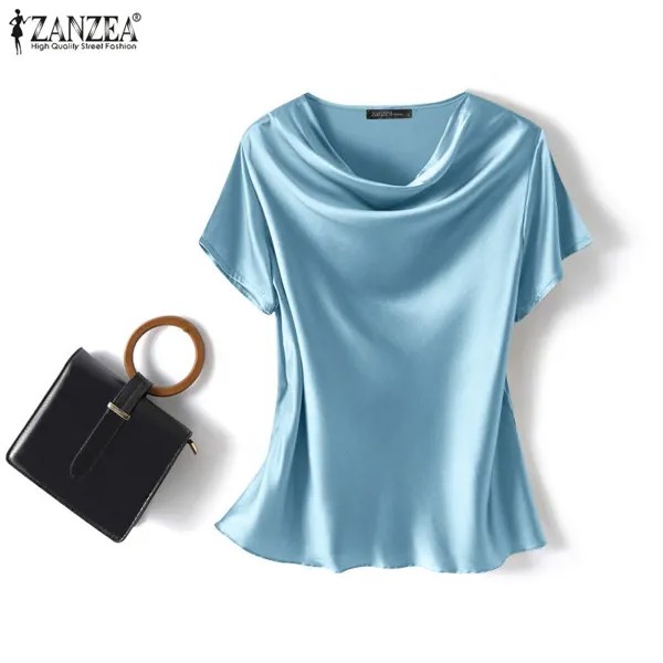 ZANZEA Женщины Летняя мода Атласная блузка Сплошной цвет Свободная повседневная блузка с коротким рукавом Футболка с коротким рукавом