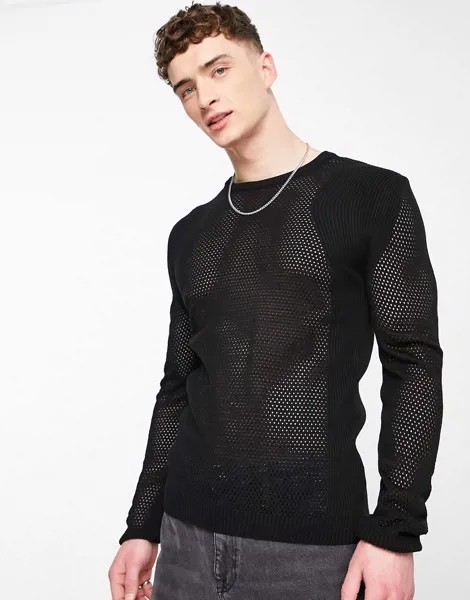 Облегающий ажурный джемпер черного цвета с длинными рукавами ASOS-Черный