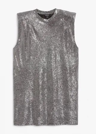 Платье-футболка мини с подплечниками из ткани с блестками Monki Alvina-Серебряный