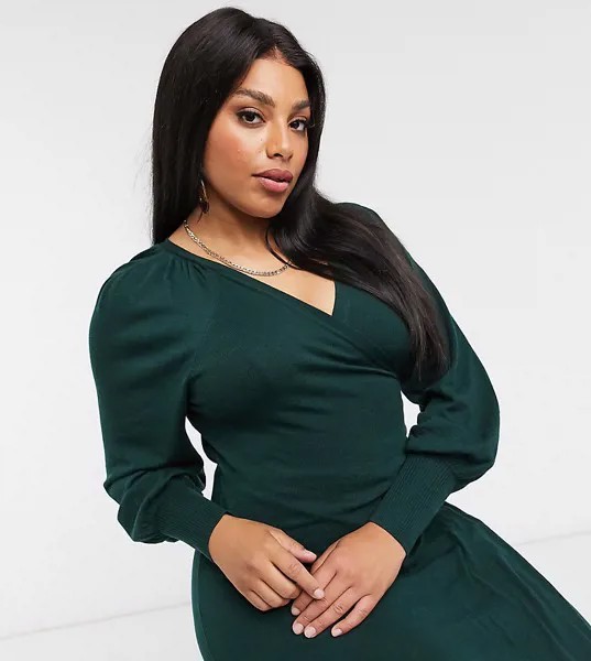 Зеленое платье миди с запахом ASOS DESIGN Curve-Зеленый цвет