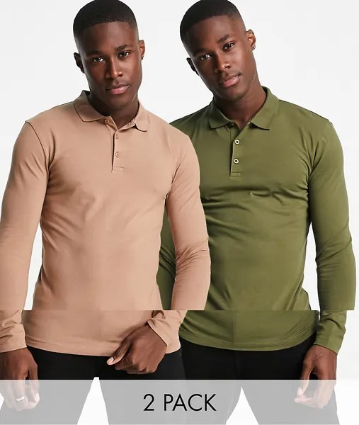 Набор из 2 поло разного цвета и облегающего кроя с длинными рукавами ASOS DESIGN-Разноцветный