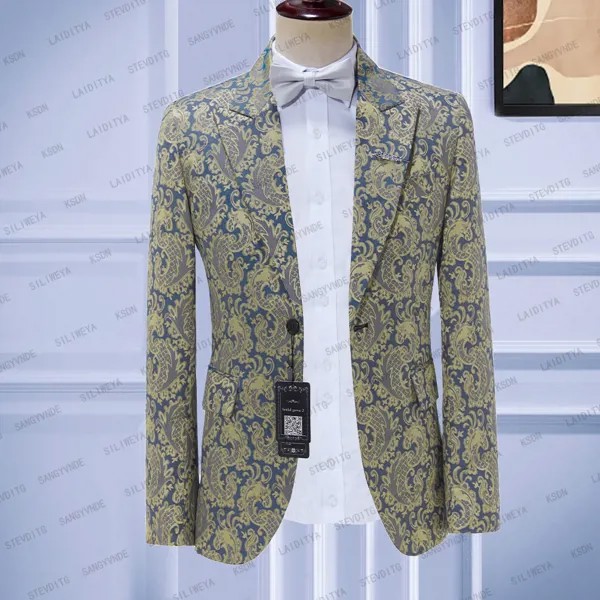 Мужской пиджак с принтом, сине-желтый повседневный деловой пиджак для жениха на одной пуговице, смокинг с лацканами, 2023
