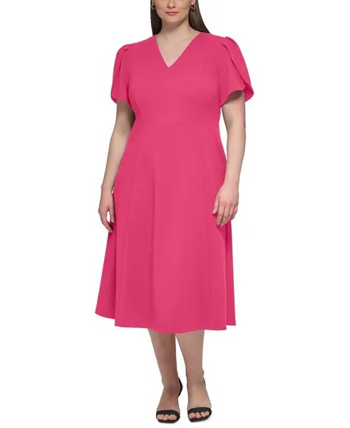 Платье миди больших размеров с рукавами-тюльпанами и V-образным вырезом Calvin Klein, розовый