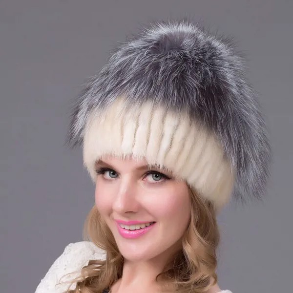 Женская шапка, зимняя шапка из натуральной кожи и меха норки, меховой вязаный шарик из чернобурки, шапка с хлопковой подкладкой, DHY-36
