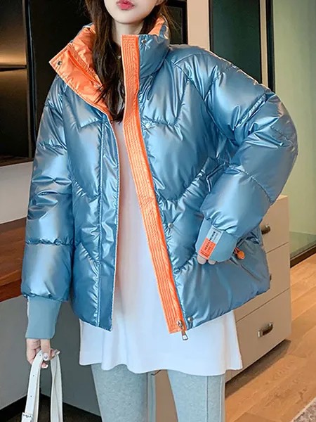 Milanoo Puffer Coats For Women Light Blue Removable Zipper Stand Collar Zipper Long Sleeves Color Bl