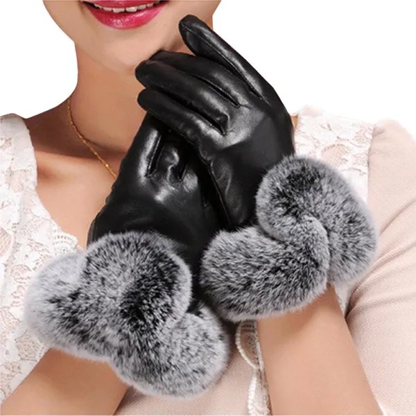 FAITOLAGI Женская мода Плюшевая зима Теплые PU Кожаные перчатки Мех Сенсорный экран Перчатки