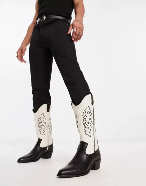 Черные и кремовые кожаные ботинки в стиле вестерн на каблуке ASOS Design