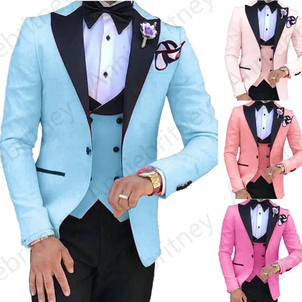 Костюм мужской синего цвета из 3 предметов, пляжный свадебный смокинг, розовый блейзер, приталенный повседневный, на заказ, лето 2022