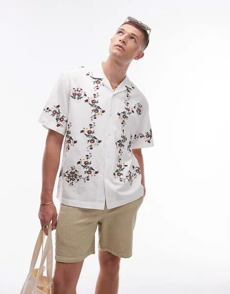 Рубашка Topman с короткими рукавами белого цвета свободного кроя и цветочной вышивкой