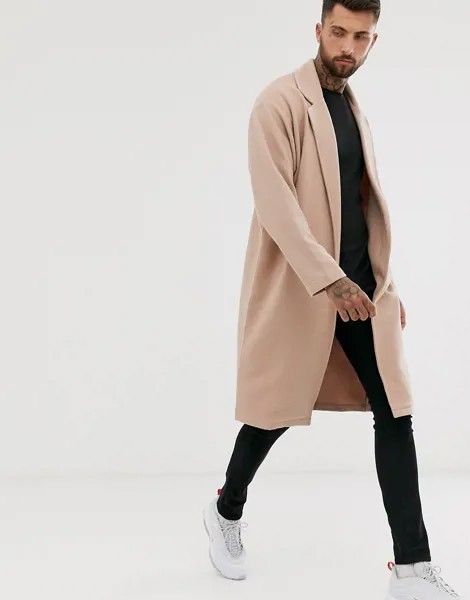 Бежевое легкое пальто из трикотажа в рубчик ASOS DESIGN-Neutral