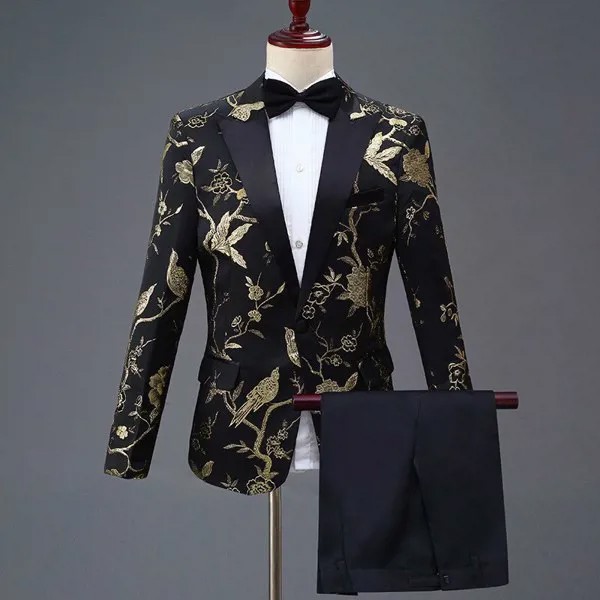 JELTONEWIN индивидуальная Золотая Цветочная куртка, 2 предмета, костюмы для жениха для мужчин, приталенные костюмы, костюм для мужчин, свадьба