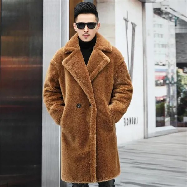 Мужское меховое пальто, зимние утепленные куртки, Длинная ветровка с овчиной, теплая модная повседневная одежда, коричневая шубка
