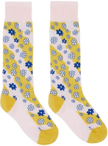 Розовые и желтые полосатые носки с цветочками Marni