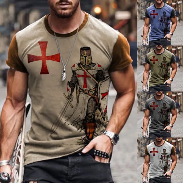 Мужская футболка Templar Print Cross Pattern Retro с коротким рукавом Summer