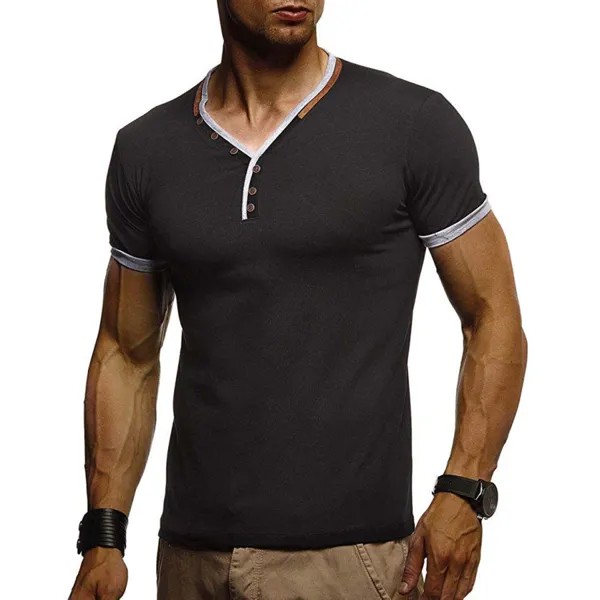 Мужская футболка с контрастной строчкой на пуговицах для спорта и отдыха