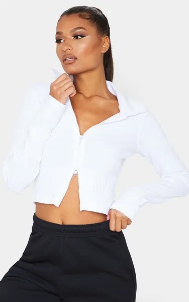 PrettyLittleThing Белый топ с воротником-поло в рубчик и двойной молнией