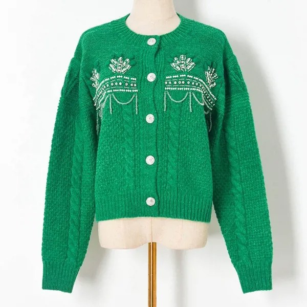 Женский вязаный кардиган стразы, Однотонный свитер с длинным рукавом и круглым вырезом, зеленый, абрикосовый, черный, Осень-зима 2022