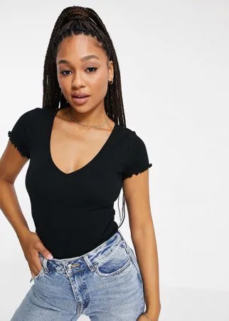 Черное боди с V-образным вырезом и волнистыми краями ASOS DESIGN-Черный цвет