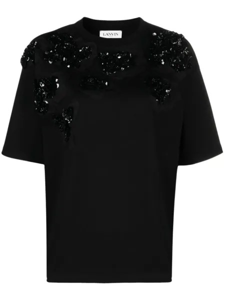 Lanvin floral-appliqué cotton T-shirt, черный