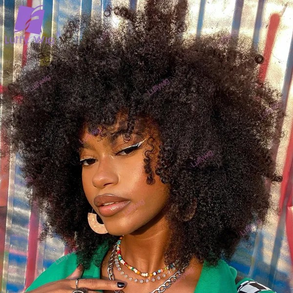 200% плотность афро кудрявый парик с челкой бразильский Реми человеческие волосы машина парик с O кожа головы Топ для черных женщин Luffy