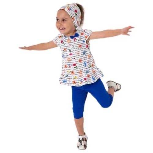 Комплект Золотой ключик для девочки: туника, бриджи и повязка на голову, синий с расцветкой василек, размер 80